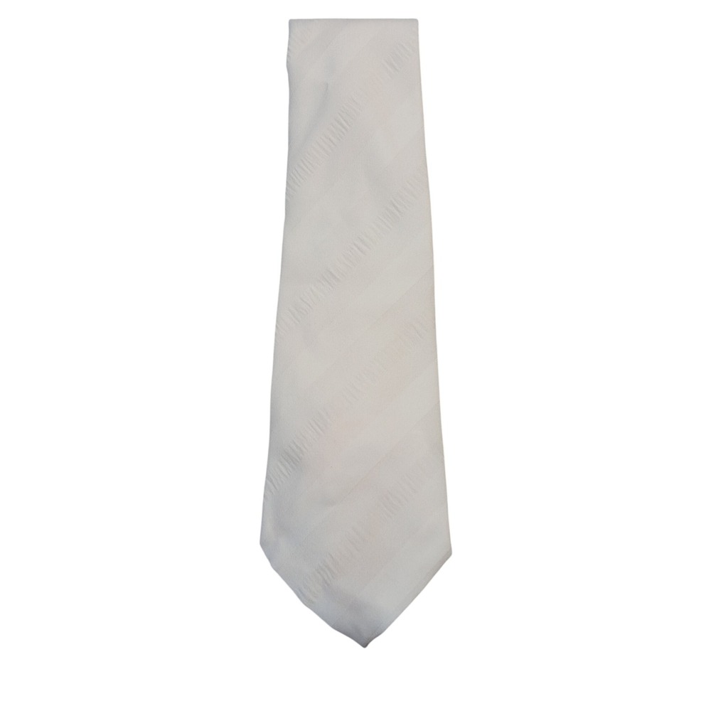 Vintage Trevira Mens Tie Off White Cream Tonal Stripe Textured Polyester Wide